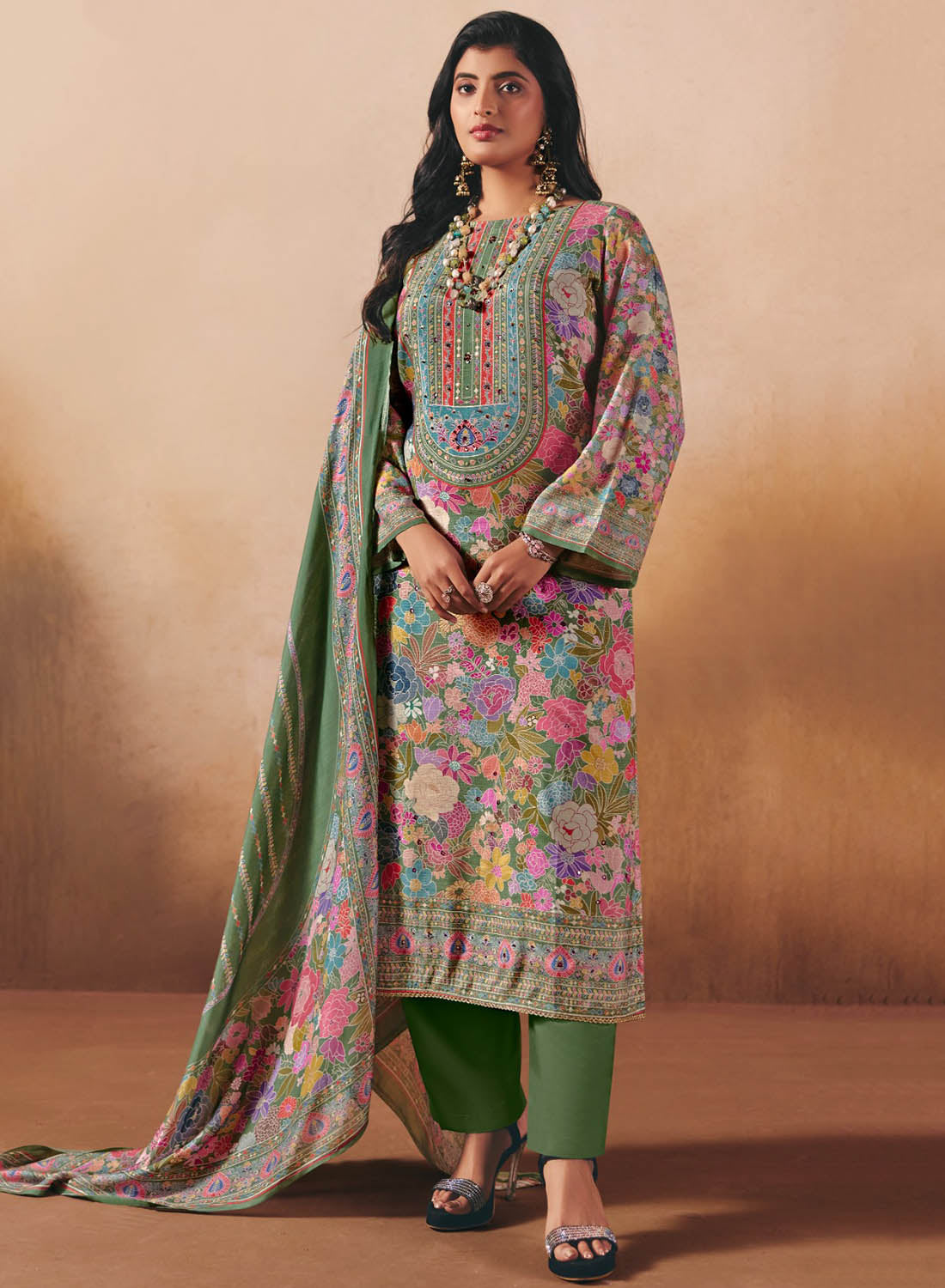 Party Wear Muslin Shimmer Green Unstitched Salwar Suit Dress Material