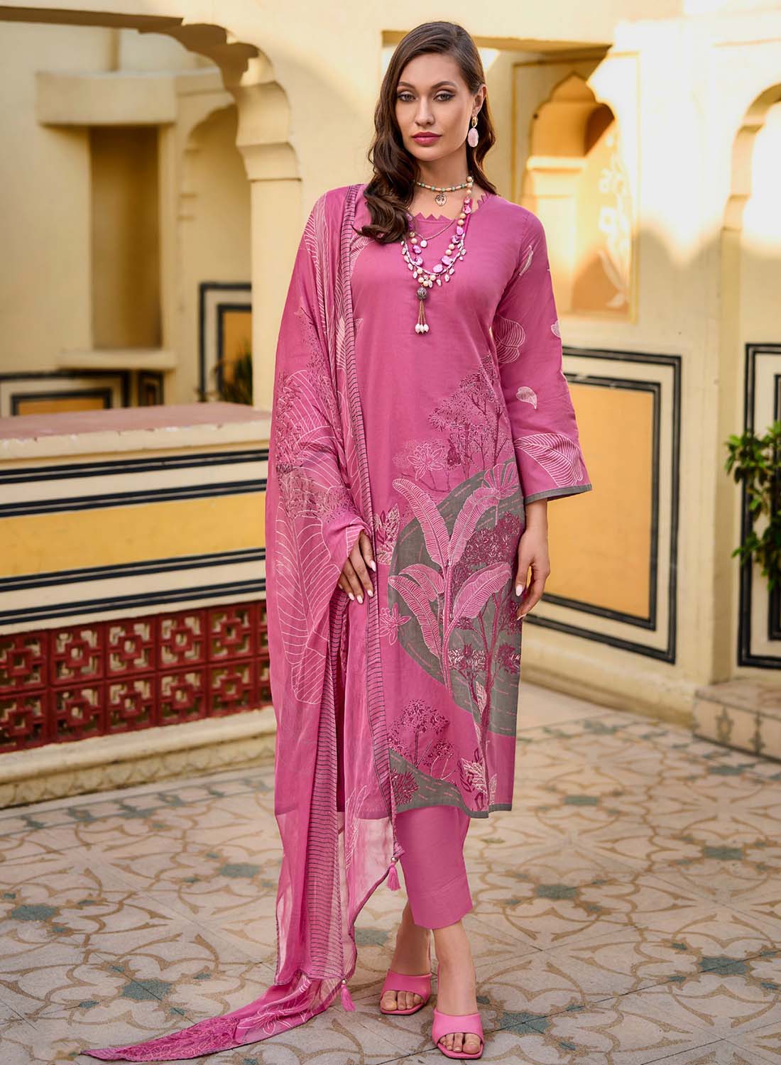 Women's Pink Unstitched Pure Lawn Cotton Suit Material with Dupatta