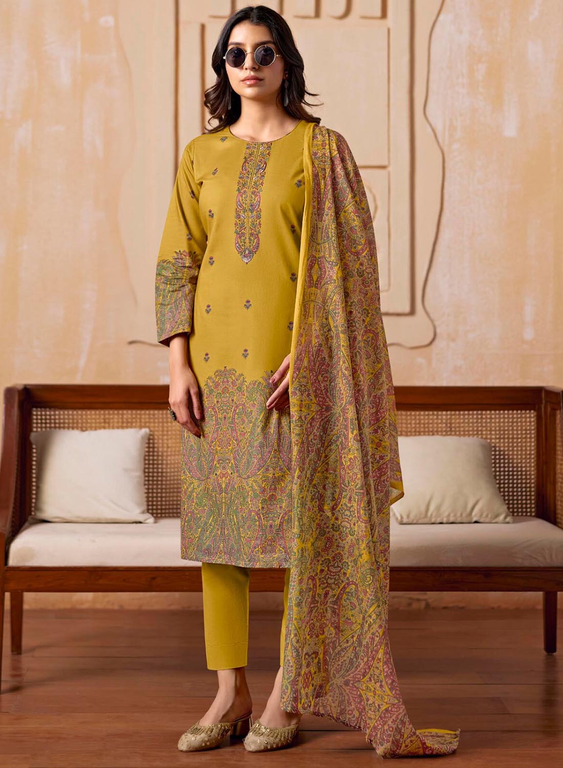 Mustard Cambric Cotton Unstitched Suit Material Printed with Embroidery