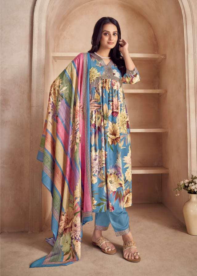 Rivaa Unstitched Teal Blue Pashmina Winter Suit Dress Material Rivaa