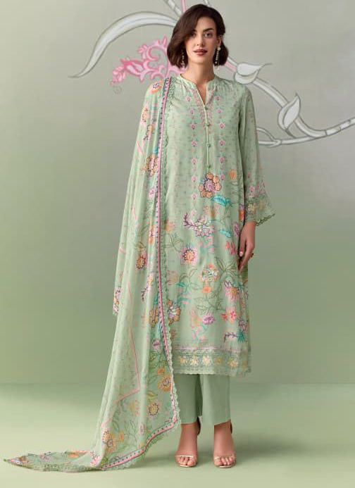 Pure Muslin Party Wear Green Unstitched Suit Material with Embroidery