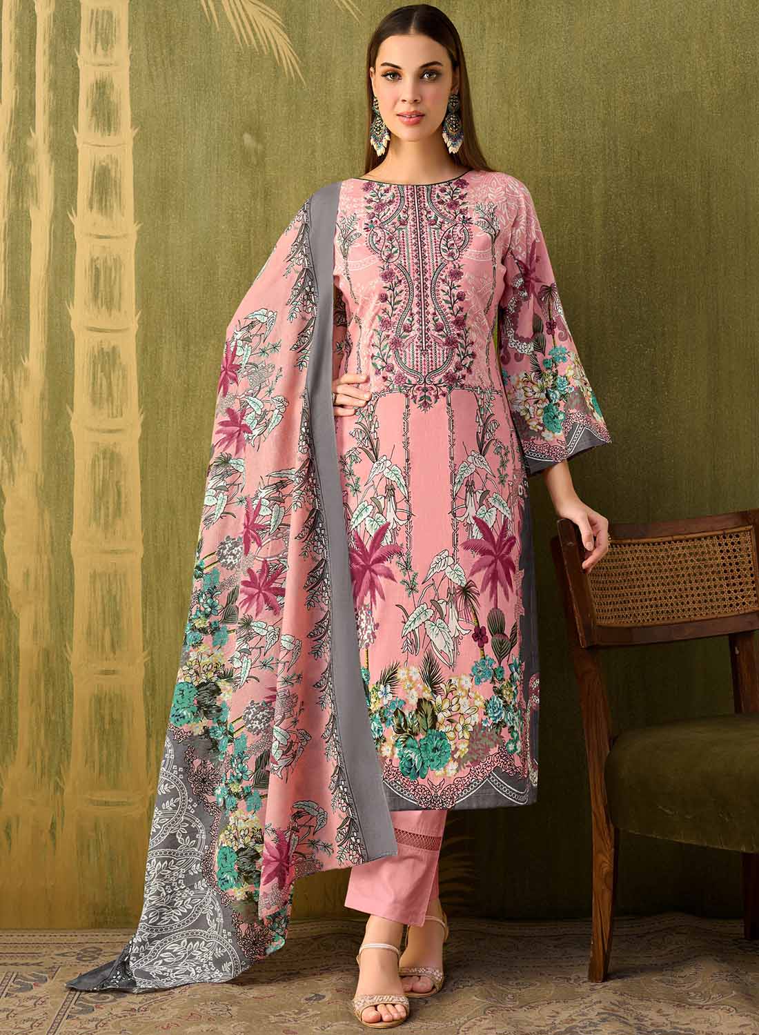 Pink Printed Unstitched Cotton Pakistani Suit Material with Embroidery