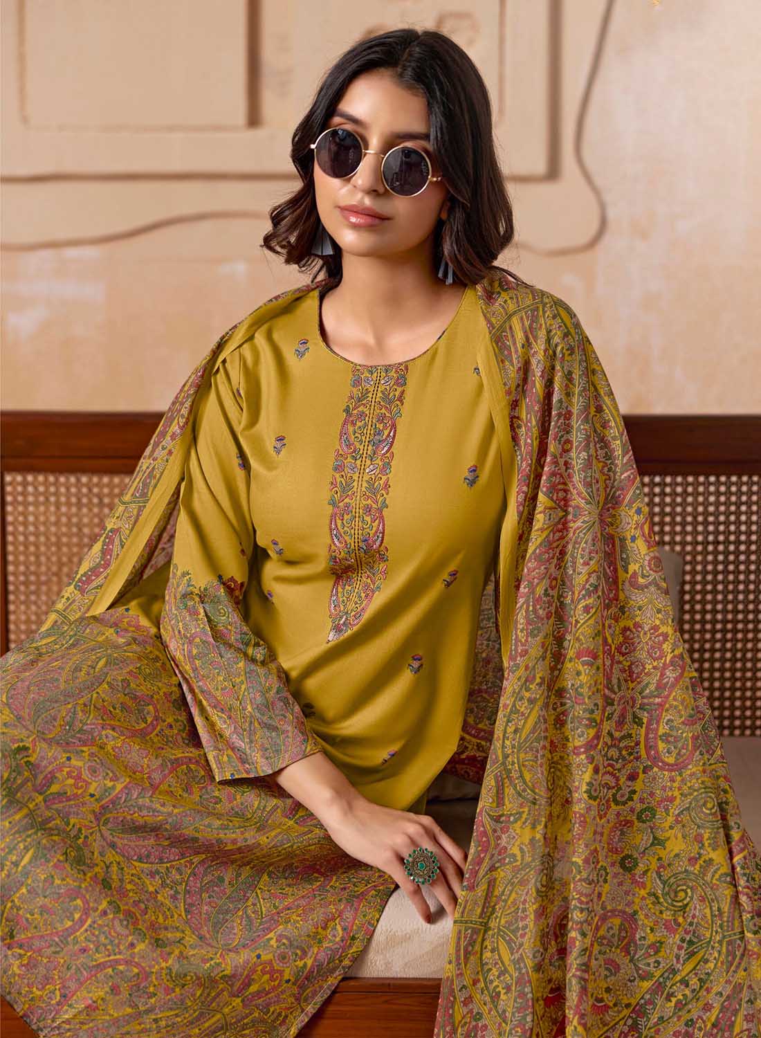 Mustard Cambric Cotton Unstitched Suit Material Printed with Embroidery