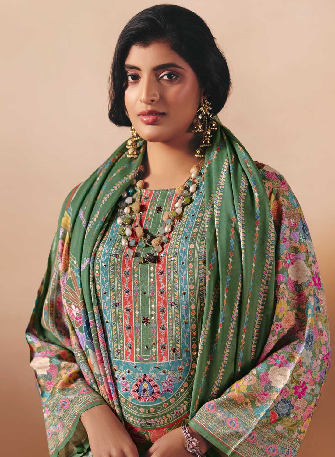 Party Wear Muslin Shimmer Green Unstitched Salwar Suit Dress Material