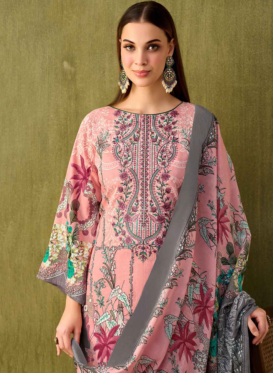 Pink Printed Unstitched Cotton Pakistani Suit Material with Embroidery