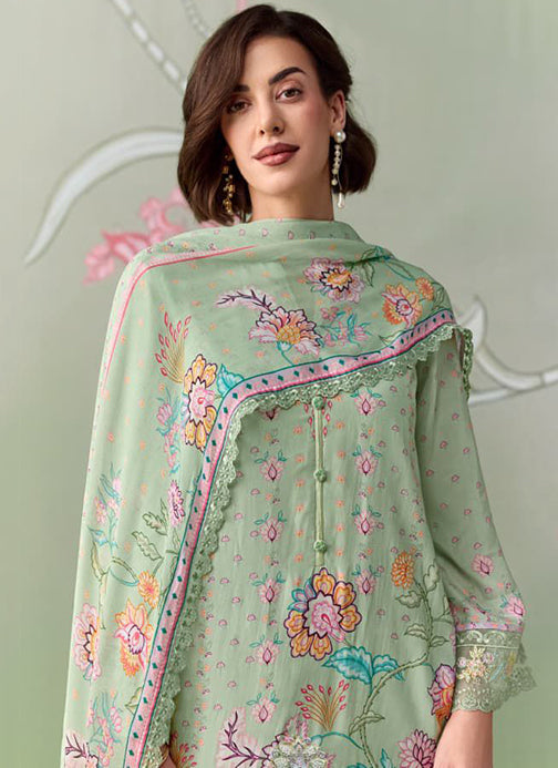 Pure Muslin Party Wear Green Unstitched Suit Material with Embroidery
