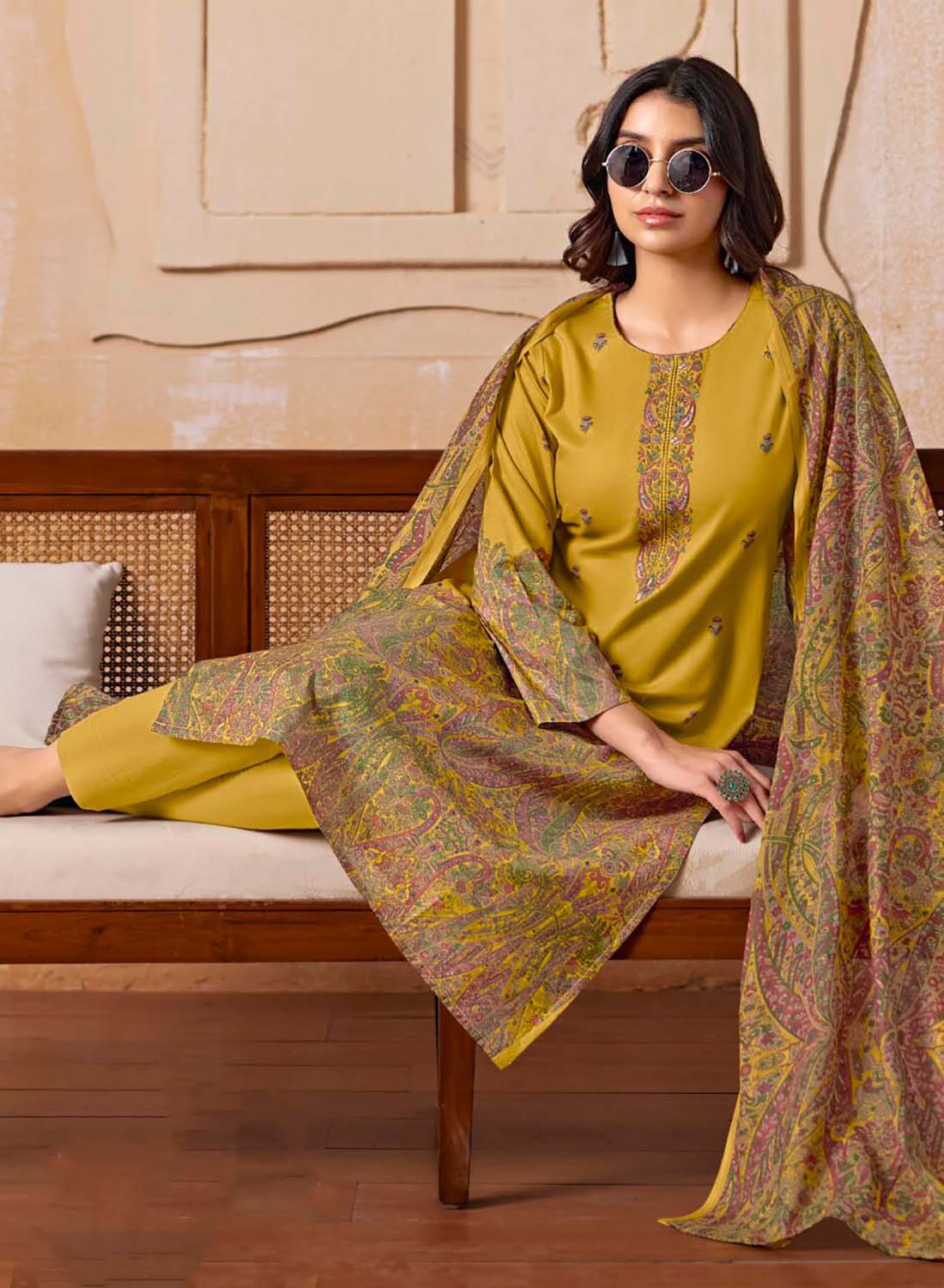Mustard Cambric Cotton Unstitched Suit Material Printed with Embroidery