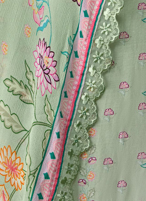 Pure Muslin Party Wear Green Unstitched Suit Material with Embroidery