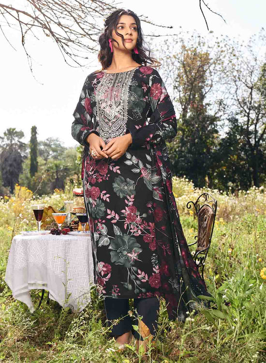 Black Pure Lawn Cotton Unstitched Salwar Suit Material for Ladies