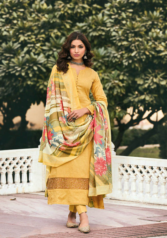 Cotton Silk with Embroidery Yellow Unstitched Women Suit Set