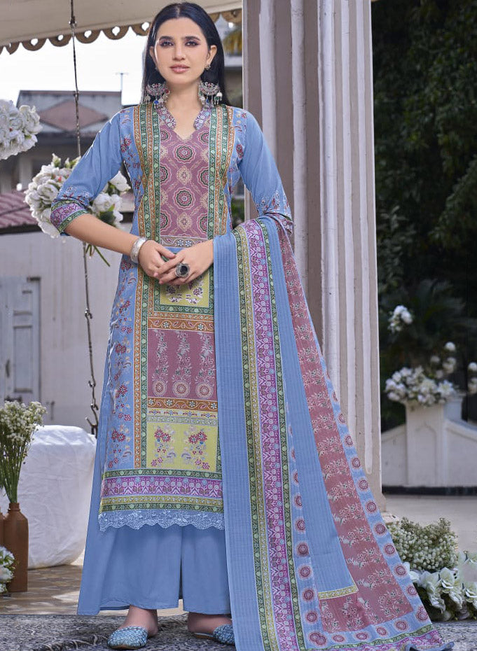 Printed Blue Unstitched Cotton Salwar Suit Material with Dupatta for Women