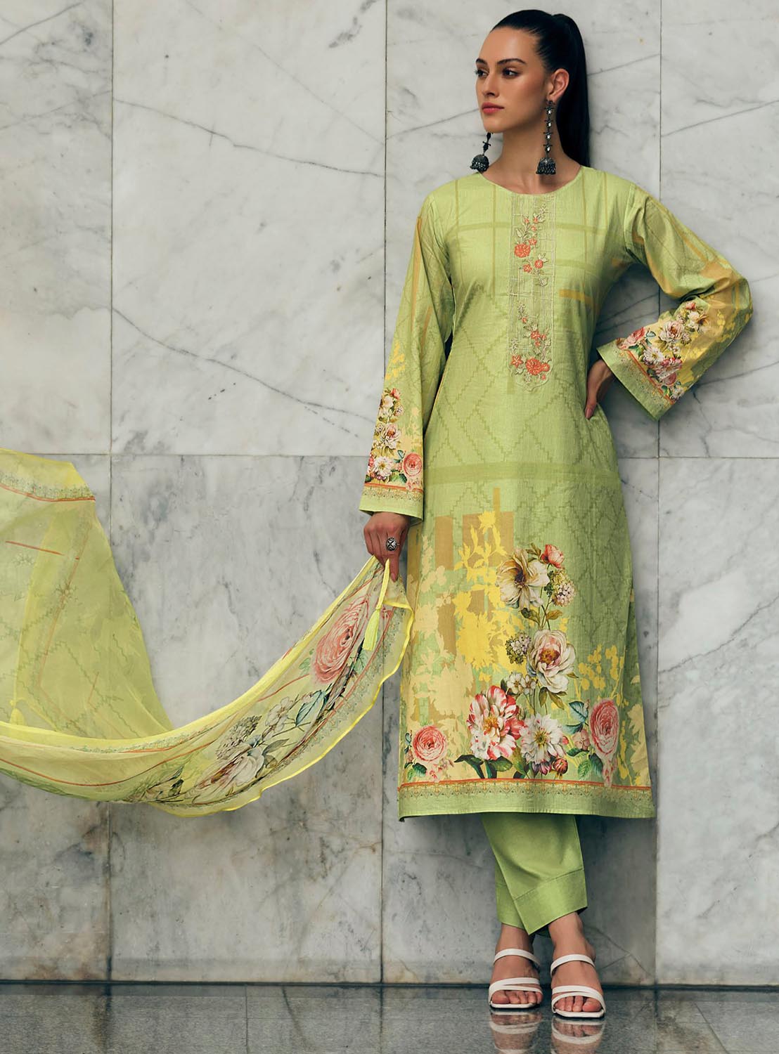 Green Unstitched Pashmina Winter Suit Dress Material for Women