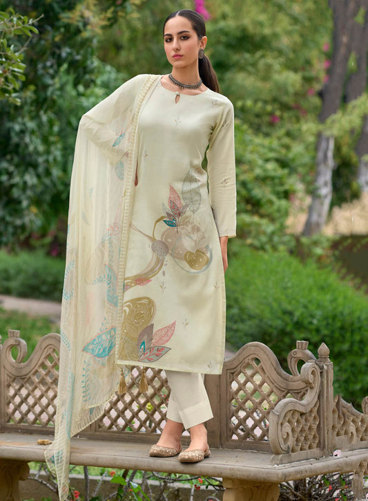 Kilory Off-White Unstitched Cotton Salwar Suit Material for Women