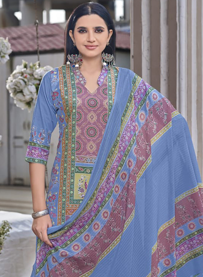 Printed Blue Unstitched Cotton Salwar Suit Material with Dupatta for Women