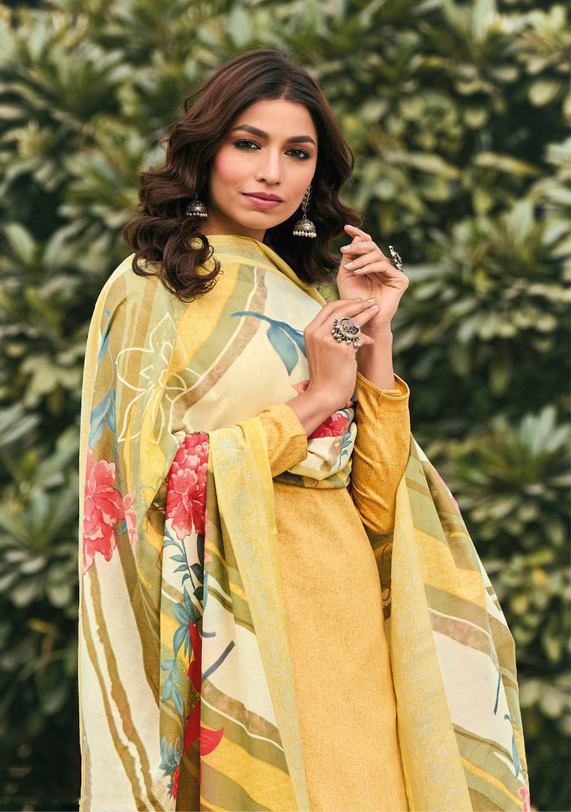 Cotton Silk with Embroidery Yellow Unstitched Women Suit Set Kilory Trends