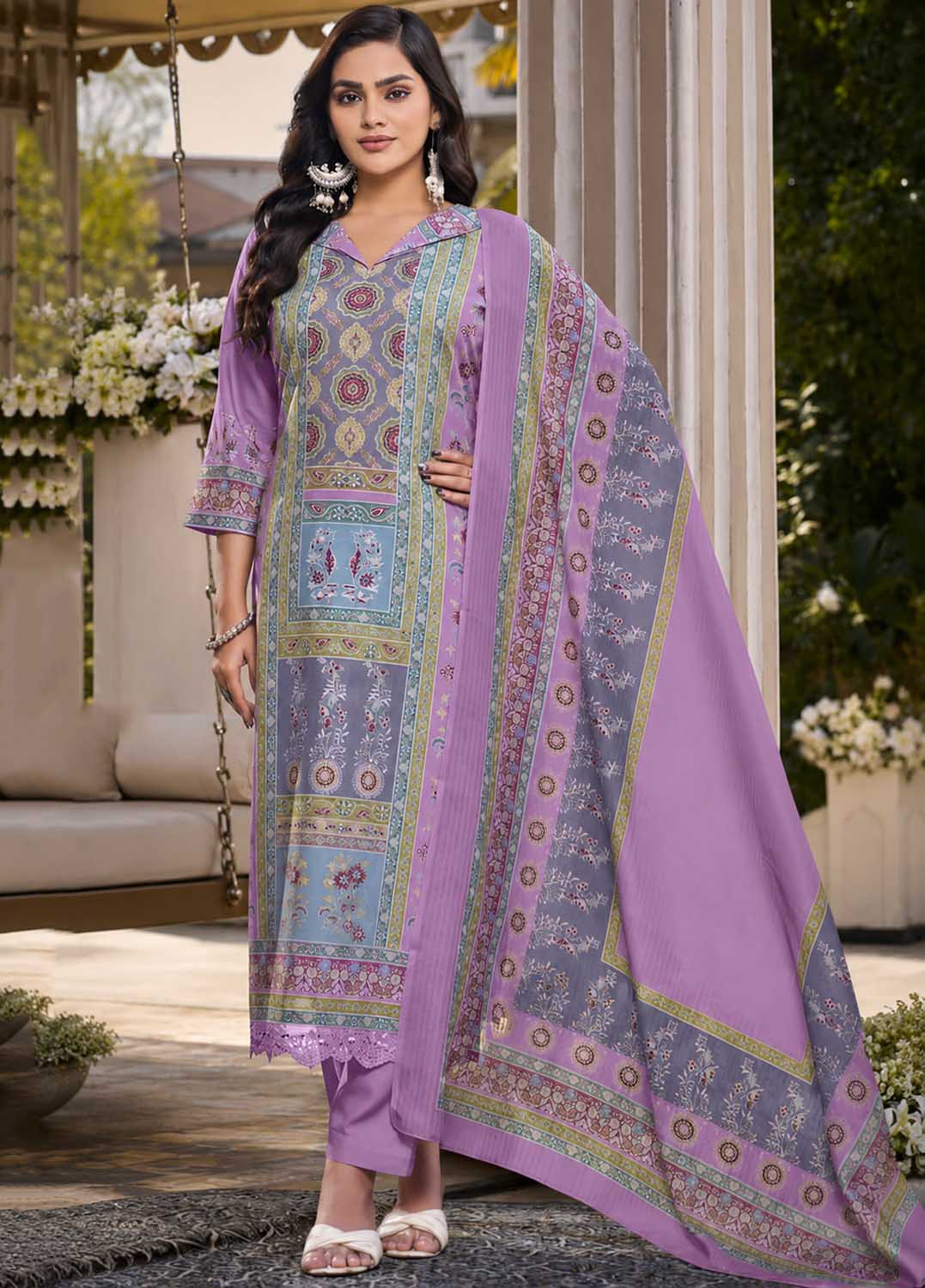 Printed Purple Unstitched Cotton Suit Material with Dupatta for Women