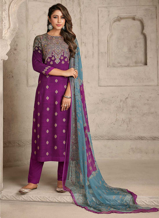 Women's Printed Purple Pashmina Winter Suits Dress Materials