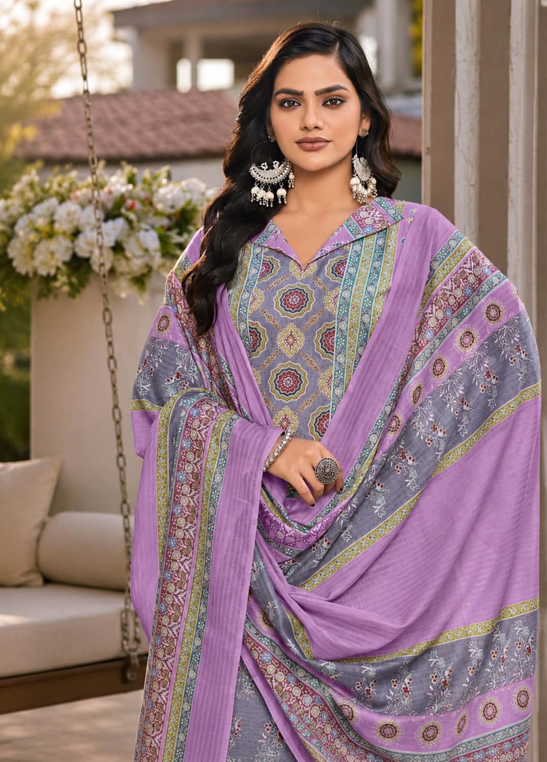 Printed Purple Unstitched Cotton Suit Material with Dupatta for Women