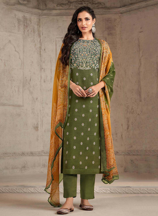 Women's Printed Green Pashmina Winter Suits Dress Materials Esta Designs
