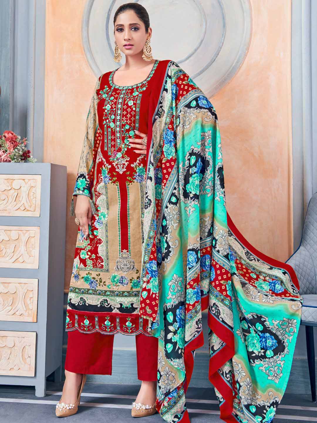 Unstitched Pakistani Print Cotton Suit Fabric with Embroidery Red Alok Suit