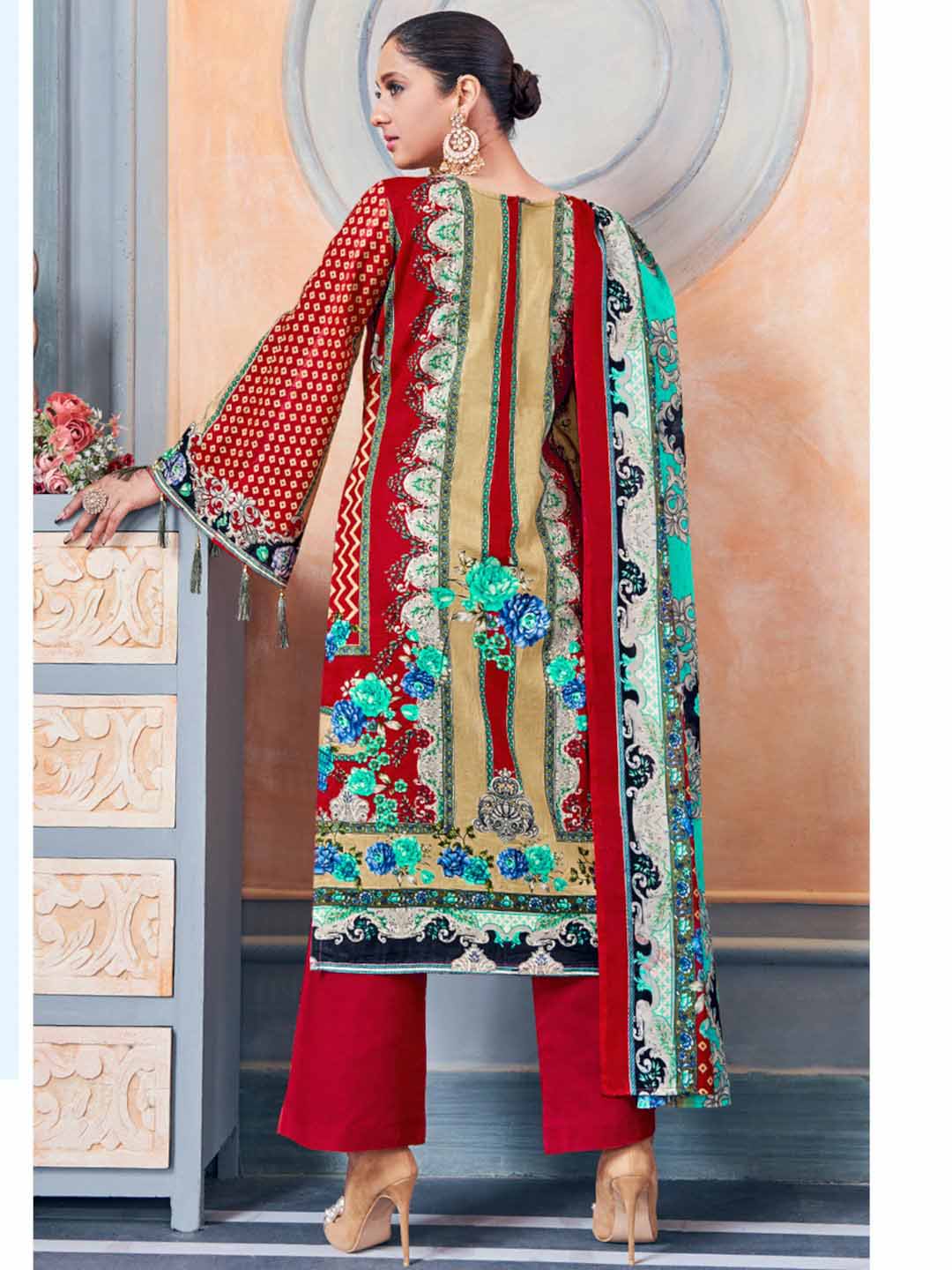 Unstitched Pakistani Print Cotton Suit Fabric with Embroidery Red Alok Suit