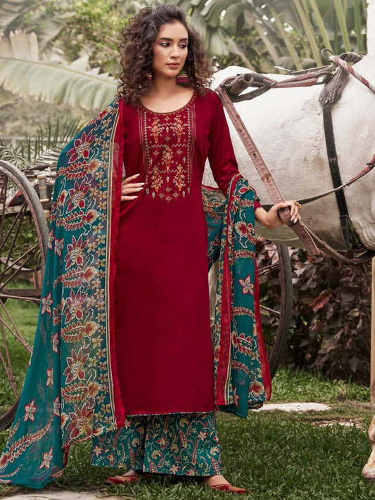 Unstitched Cotton Salwar Suit Red Dress Material with Embroidery