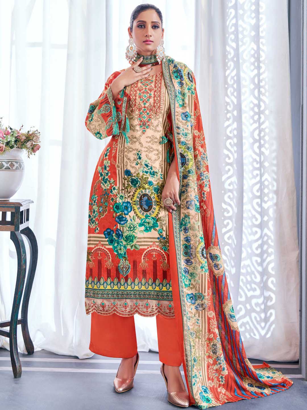 Unstitched Pakistani Print Cotton Suit Fabric with Embroidery Rust Alok Suit