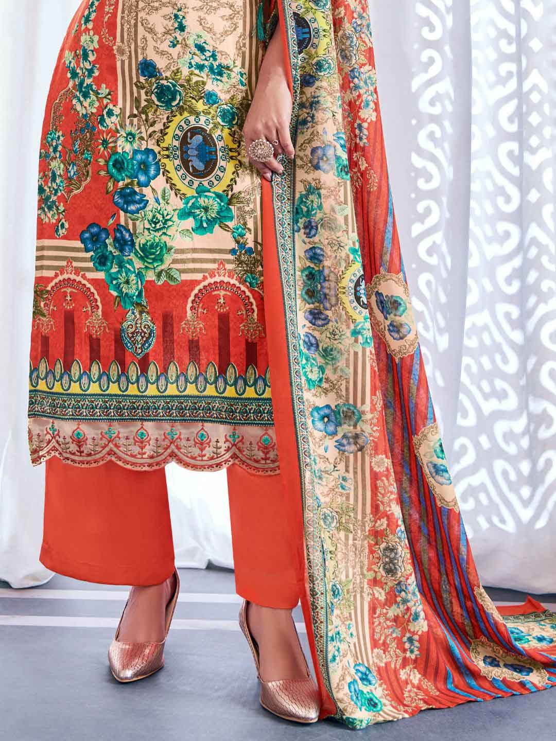 Unstitched Pakistani Print Cotton Suit Fabric with Embroidery Rust Alok Suit