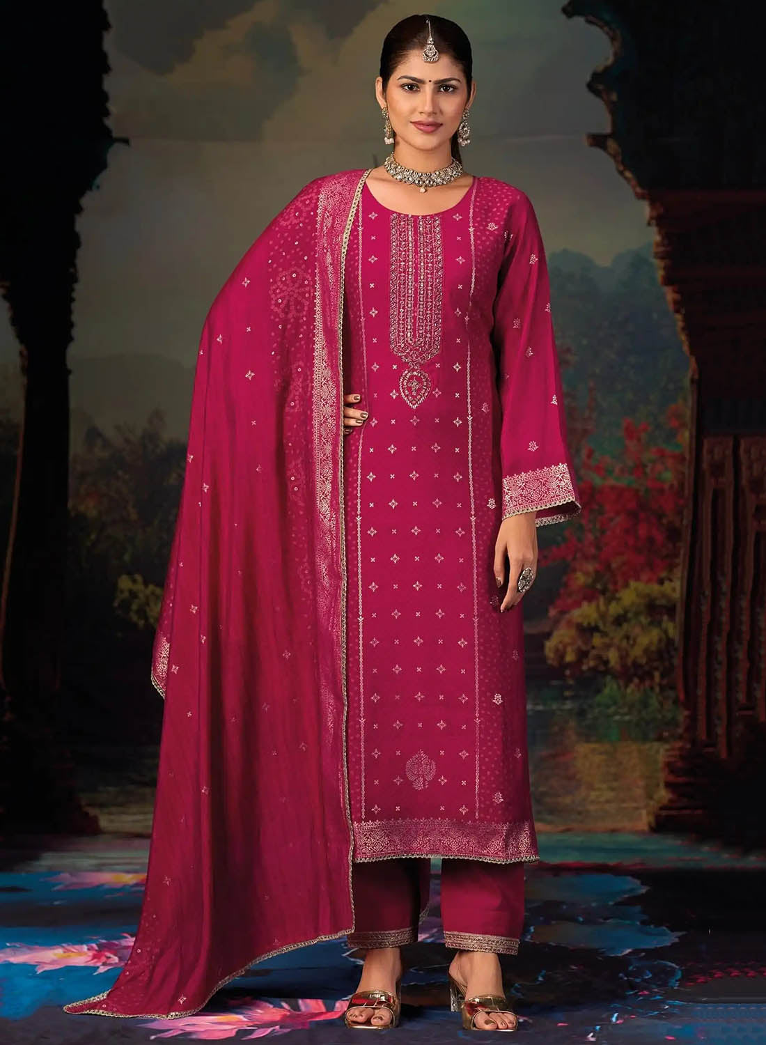 Party Wear Pure Muslin Silk Unstitched Suit Set Material for Women