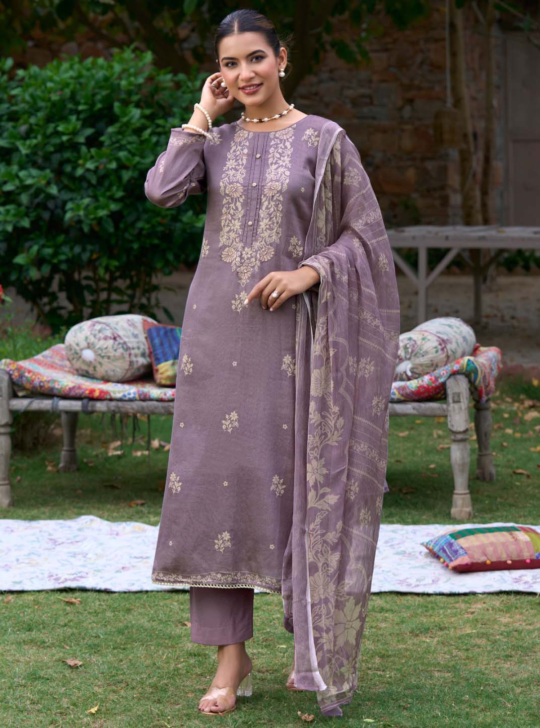 Party Wear Fancy Purple Unstitched Cotton Satin Suit Material for Women