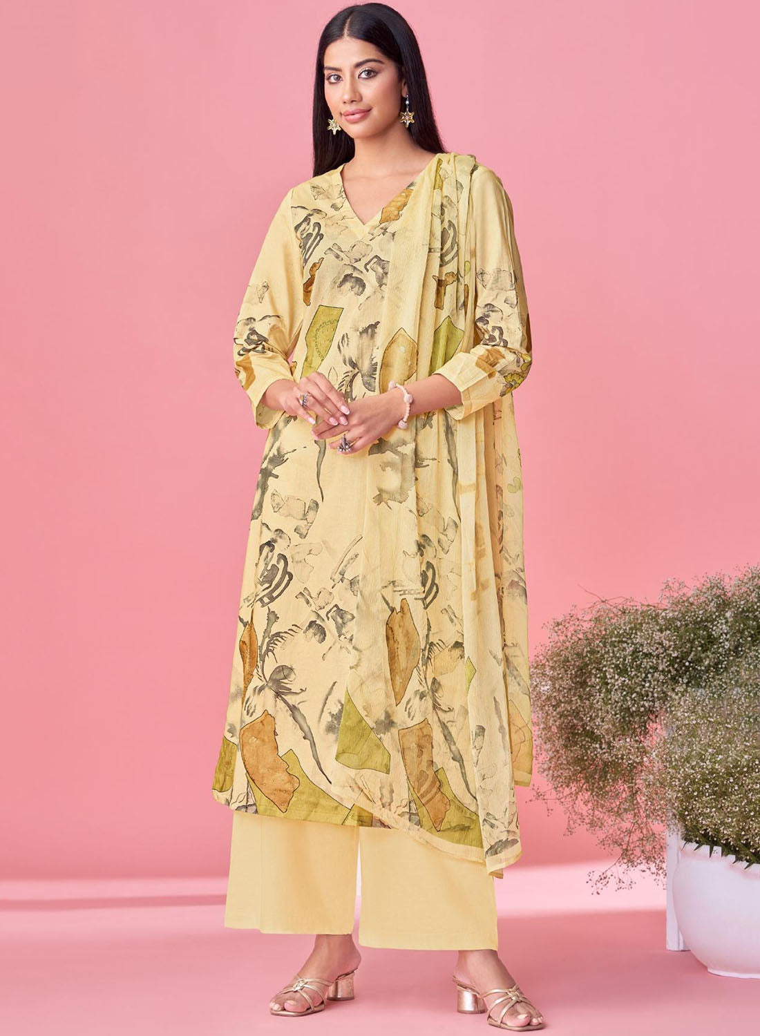 Yellow Pure Cotton Lawn Printed Unstitched Salwar Suit Dress Material