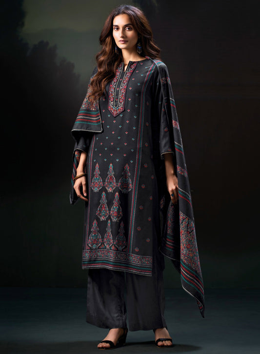 Ganga Black Pashmina Unstitched Winter Salwar Suit Material for Women