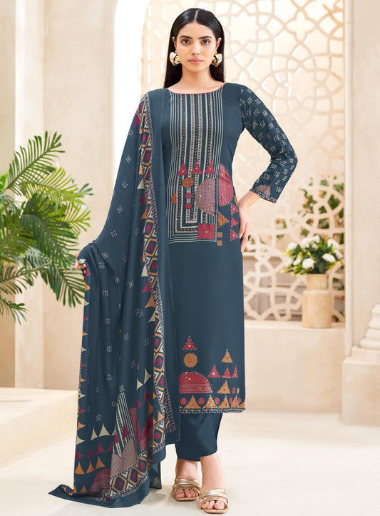 Blue Viscose Pashmina Unstitched Winter Salwar Suit Material for Women