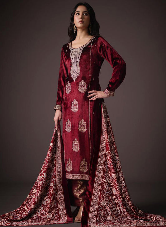 Party Wear Winter Unstitched Velvet Suit Material with Heavy Embroidery