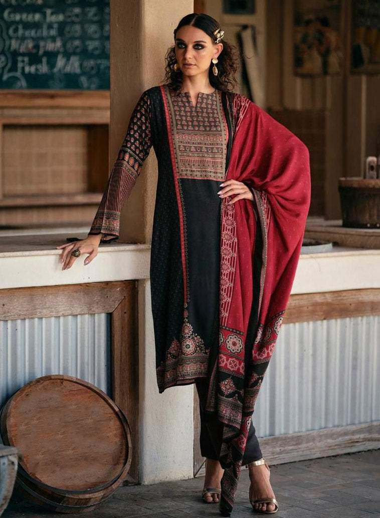 Black Viscose Pashmina Unstitched Winter Suit Dress Material for Women