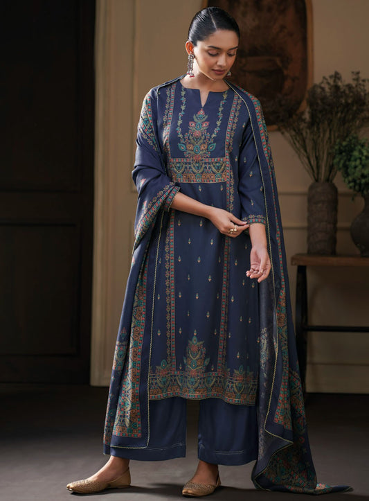 Ganga Pashmina Blue Unstitched Winter Suit Dress Material for Women