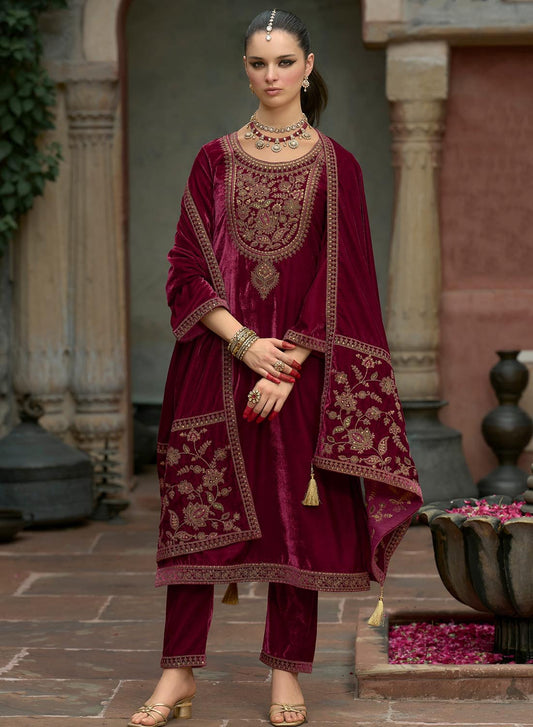 Embroidered Party Wear Velvet Unstitched Suit Dress Material with Dupatta