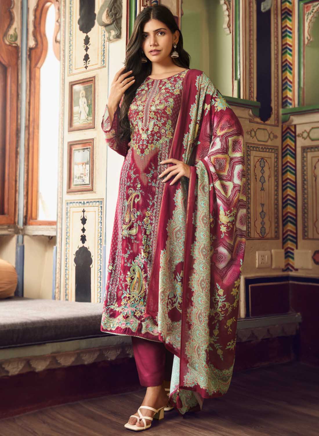 Maroon Pure Muslin Unstitched Salwar Suit Material with Handwork