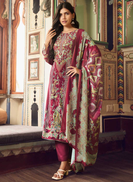 Maroon Pure Muslin Unstitched Salwar Suit Material with Handwork