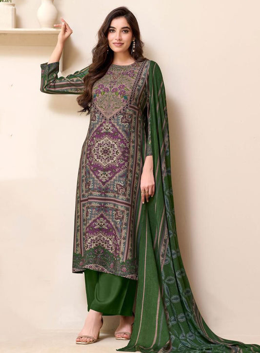 Sahiba Pashmina Green Unstitched Winter Salwar Suit Material for Women