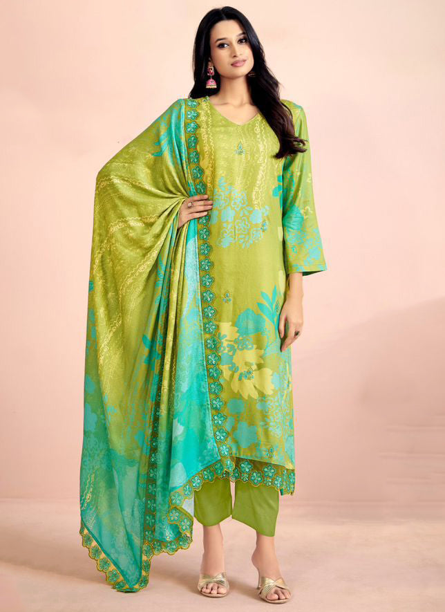 Green Unstitched Pashmina Winter Salwar Suit Material for Women