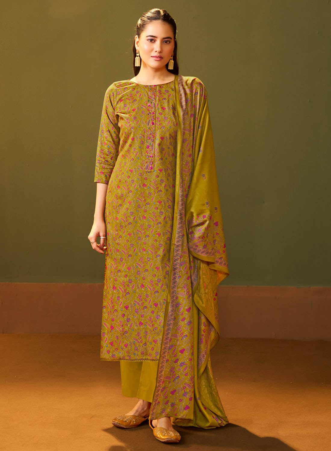 Mustard Printed Unstitched Winter Salwar Suit Material for Women