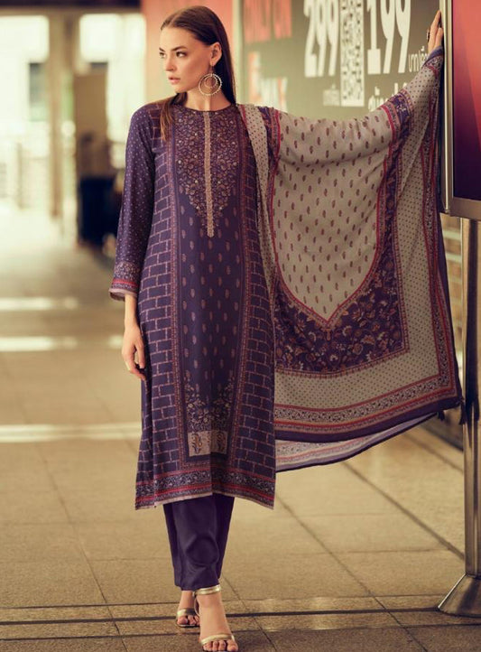 Viscose Pashmina Violet Unstitched Winter Salwar Suit Set Dress Material