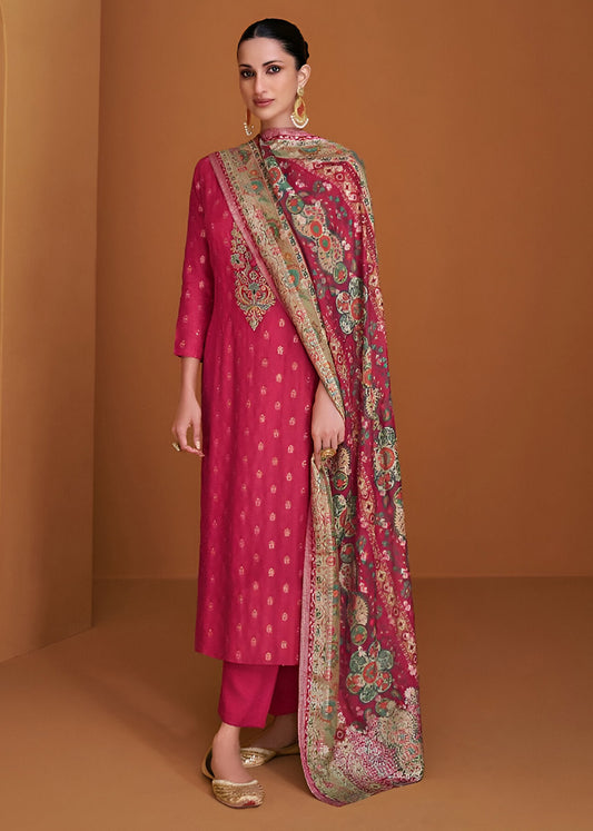 Pink Pure Muslin Jacquard Unstitched Suit Dress Material for Women