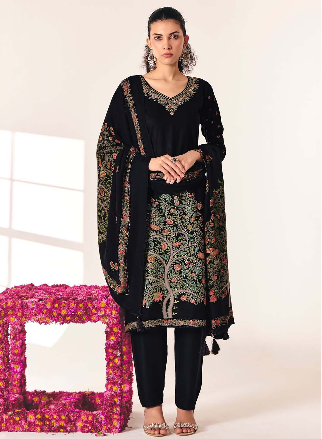 Black Pashmina Unstitched Winter Salwar Suit Set Material with Neck Embroidery