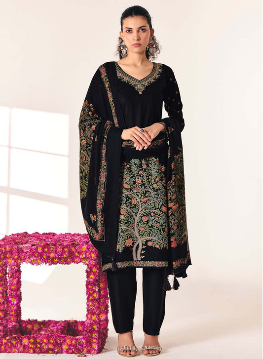 Black Pashmina Unstitched Winter Salwar Suit Set Material with Neck Embroidery