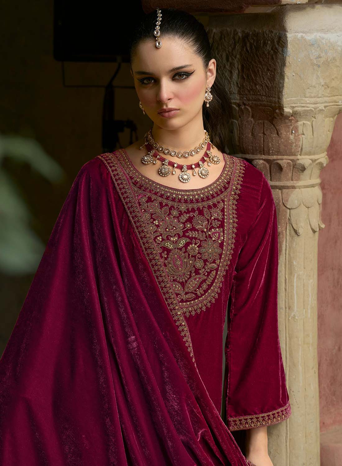 Embroidered Party Wear Velvet Unstitched Suit Dress Material with Dupatta
