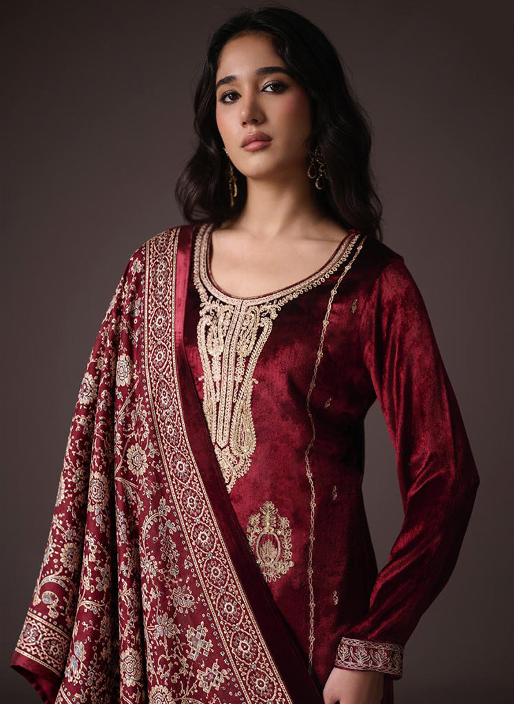 Party Wear Winter Unstitched Velvet Suit Material with Heavy Embroidery