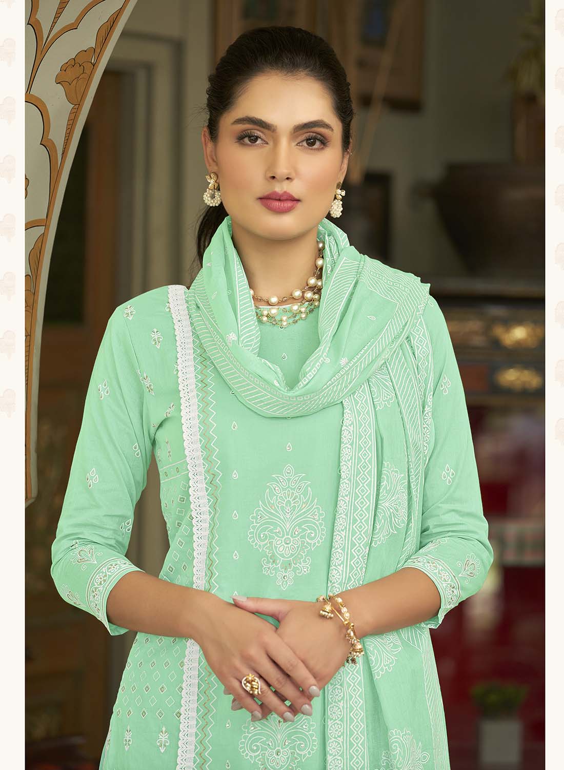 Alok Pure Cambric Cotton Printed Unstitched Suit with Fancy Lace Work