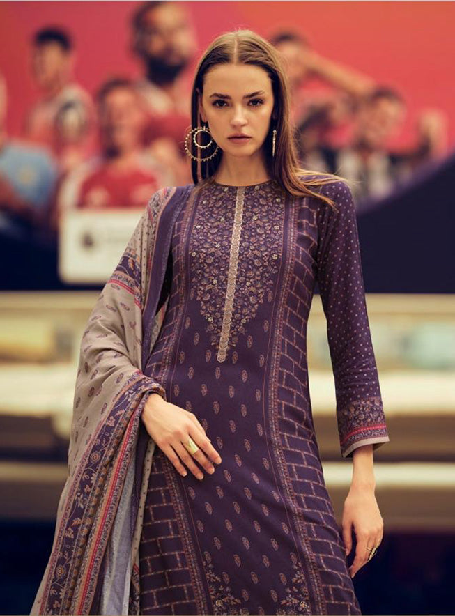 Viscose Pashmina Violet Unstitched Winter Salwar Suit Set Dress Material